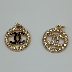 CHANEL CC Gold Medallion Charms Pendant Pull Pair Rhinestone Logo Hardware 2pc